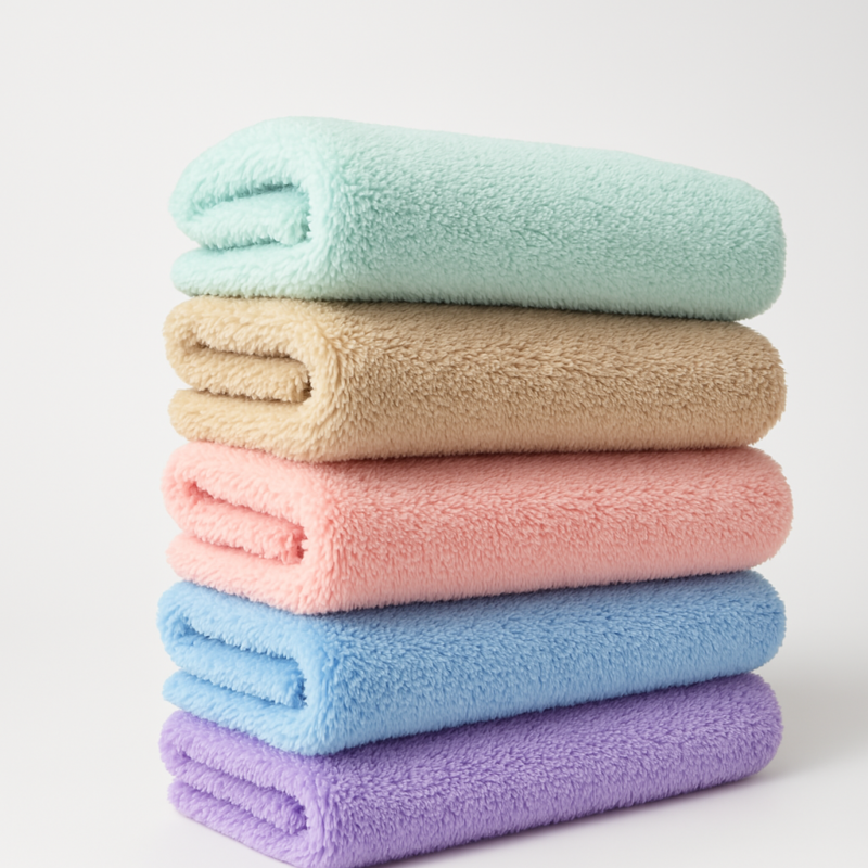 Stack of five neatly folded pastel-colored FibroCare microfiber coral fleece towels in mint green, beige, pink, blue, and lavender on a clean white background
