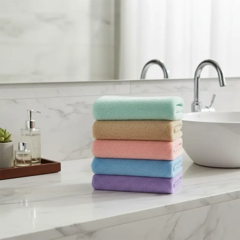 Microfiber coral fleece set in bathroom