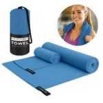 Mėlynas mikropluošto rankšluostis – dviem dydžiais, sportui, kelionėms ar treniruotėms