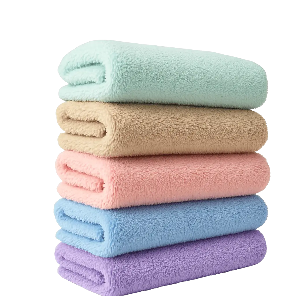 Spalvingų mikropluošto fliso rankšluosčių krūva – mėtų, smėlio, rausvos, mėlynos ir levandų spalvų.